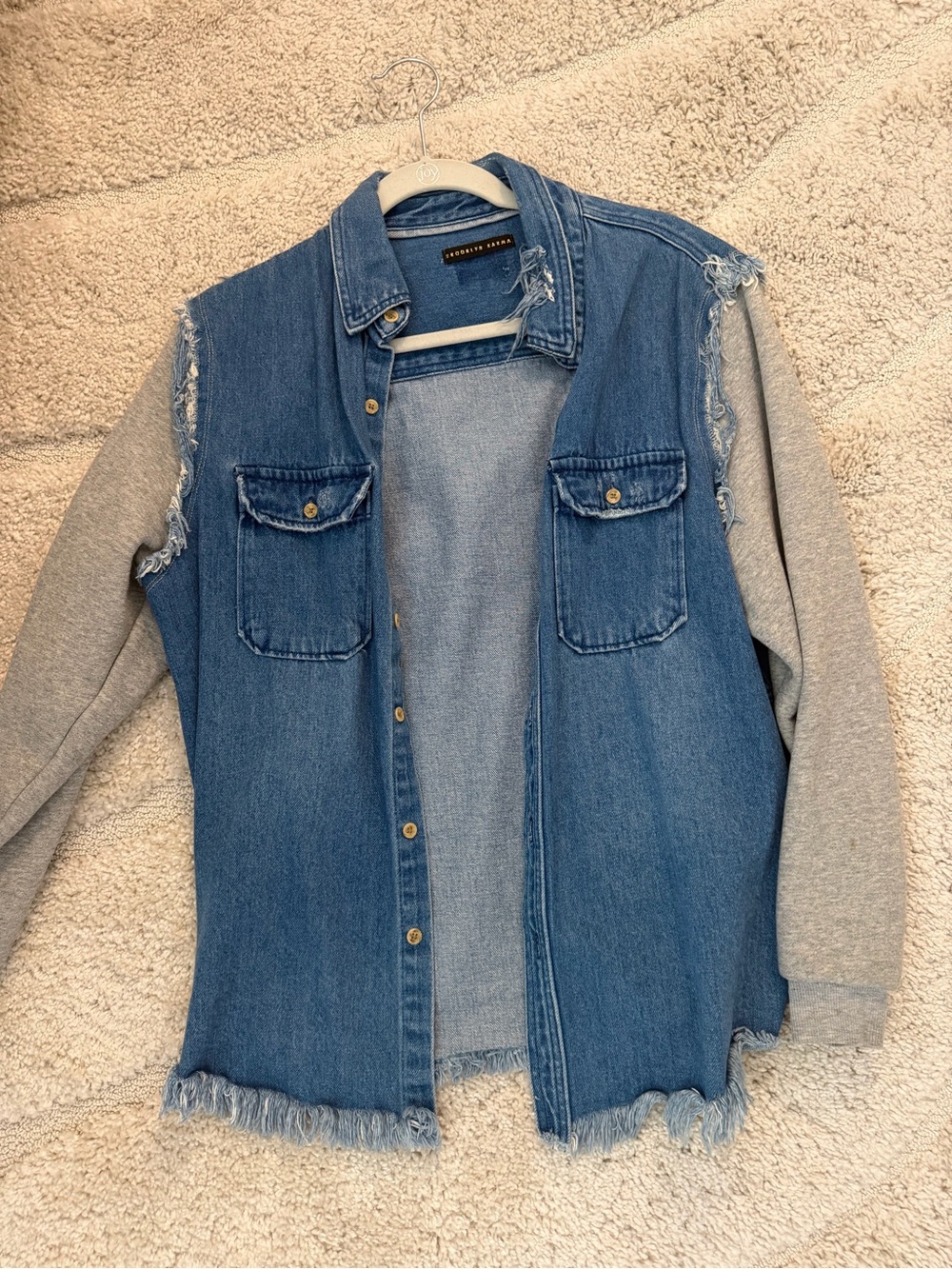 Frayed Denim Shirt Jacket with Gray Knit Sleeves - Blue/Grey